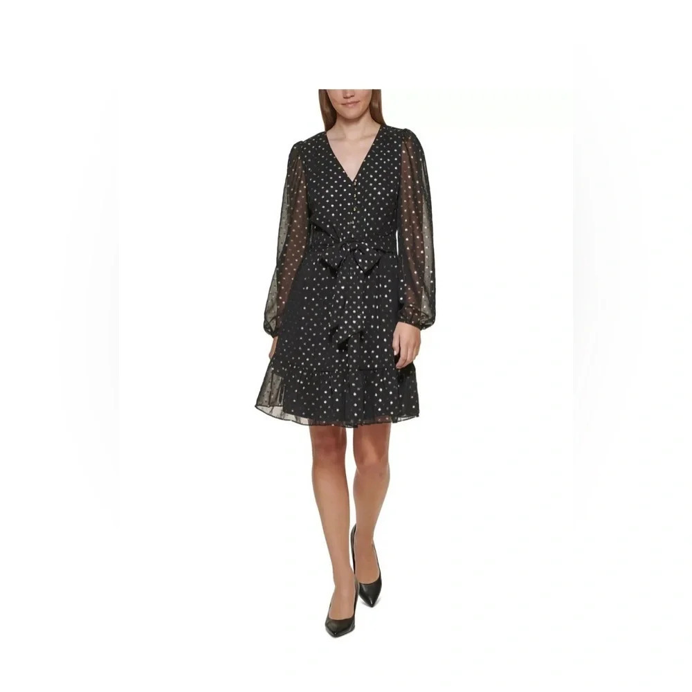 Karl Lagerfeld Paris Metallic-Dot Flounce-Hem Dress Size 2 # 1B 1499